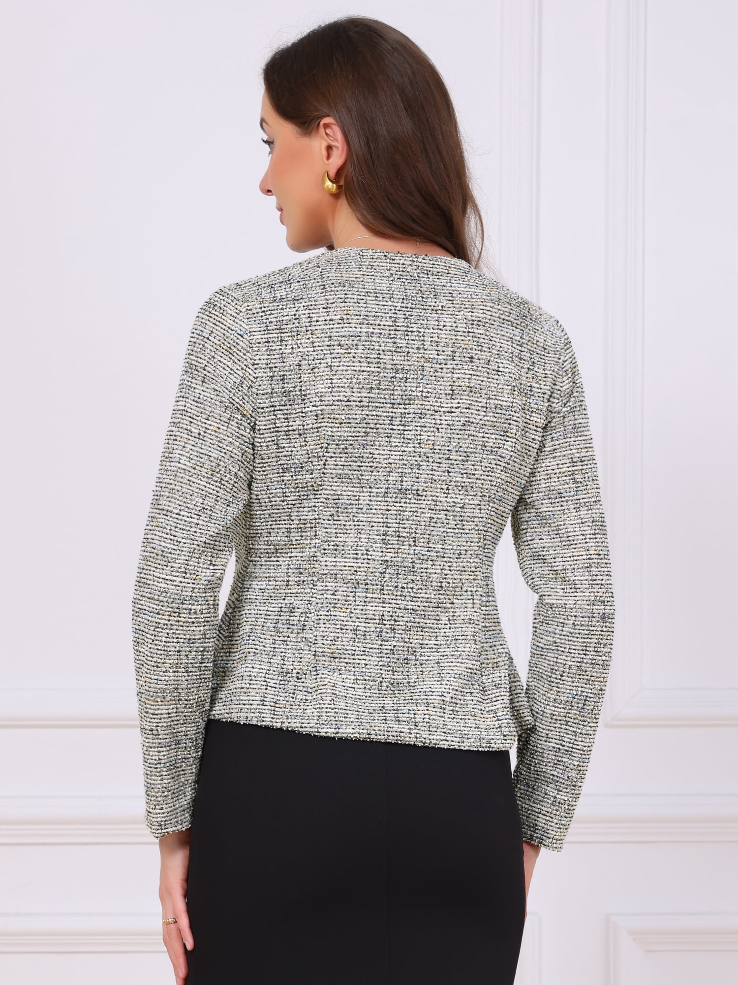 DARING DIVA Women's Tweed Blazers Collarless Long Sleeve Blazer L Apricot