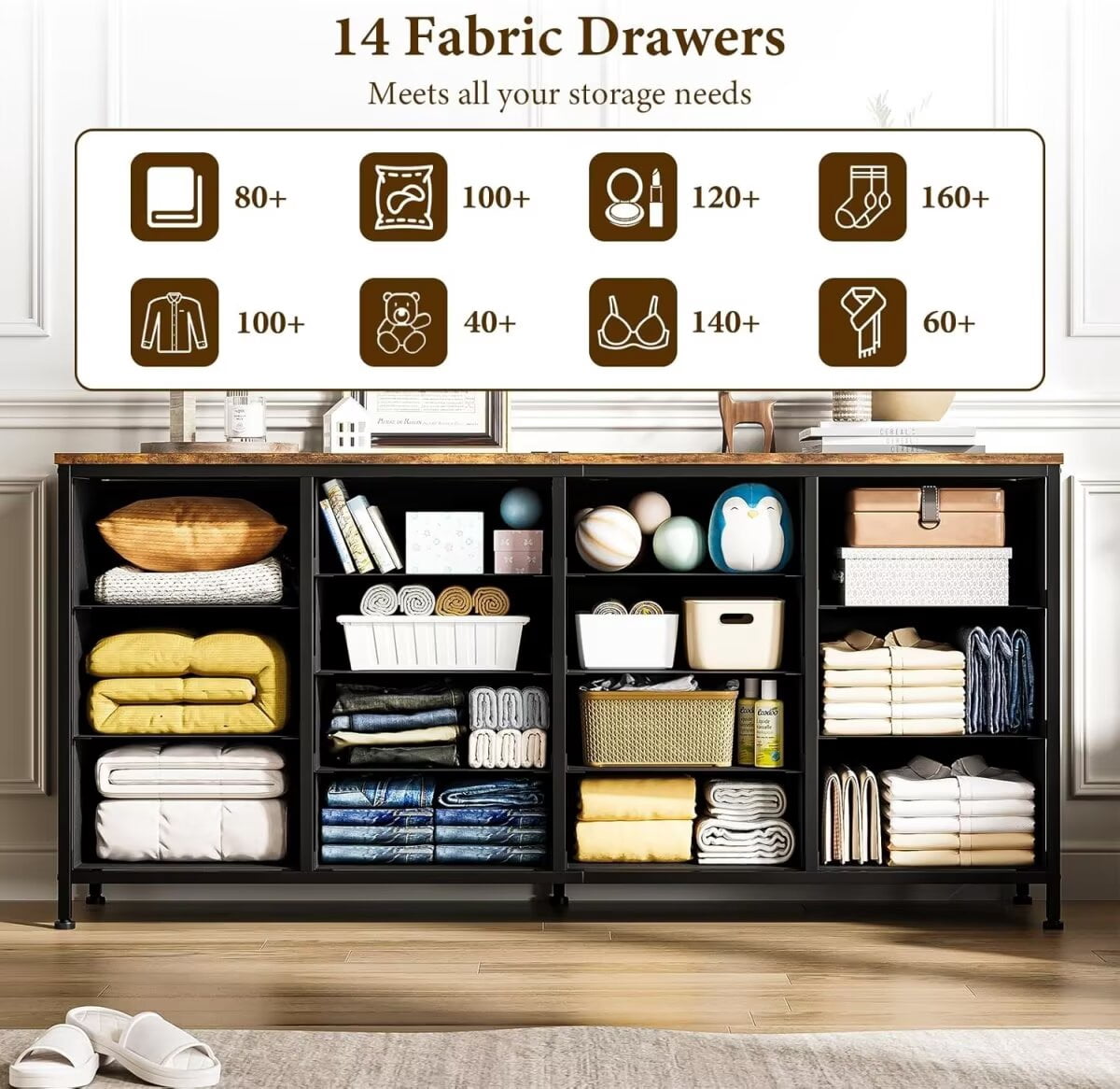 Dresser TV Stand for up to 75 Inch TV, 14 Drawer Dresser with Power Outlets & Wood Top, Long Fabric Dresser Organizer for Bedroom, Living Room, Entryway, Brown