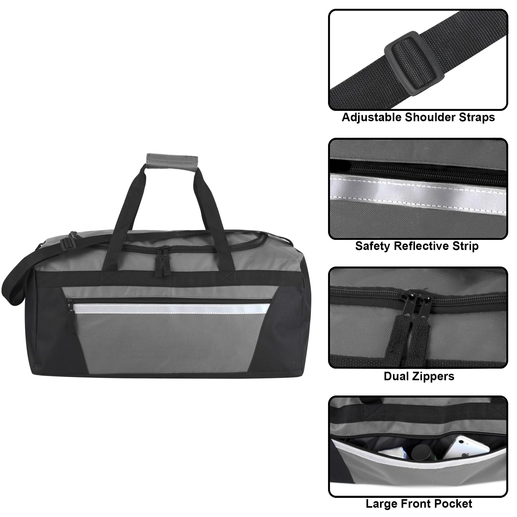 24 Pack of Bulk Wholesale 40 Liter 22 Inch Duffle Bags with Reflective Stripe, Front Accessory Pocket, Velcro Handles and Luggage Strap for Sports, Gym & Traveling in Gray