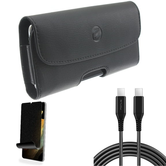 Case Belt Clip & Privacy Screen Protector & 10ft Long USB-C Cable for Samsung Galaxy S21 Ultra Phone - Leather Holster & TPU Film Fingerprint Works & PD Fast Charger Cord Power Accessory Bundle