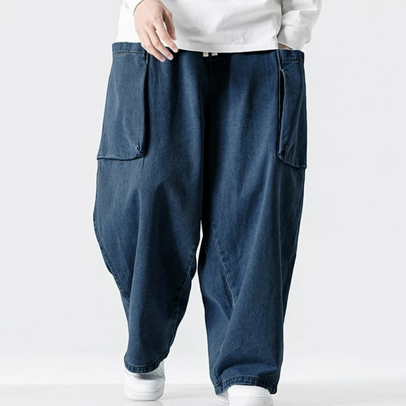 Men's Jeans Comfort Flex Waist Baggy Jeans Fashion Solid Color Casual Lace Up Loose Sports Jeans Full Length Pants Denim Pants for Men Navy XL