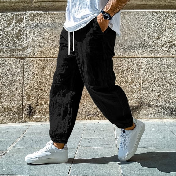 Domuza Mens Cotton Linen Pants Elastic Waist and Ankle Drawstring Baggy Style Lightweight Breathable Beach Pants Black M