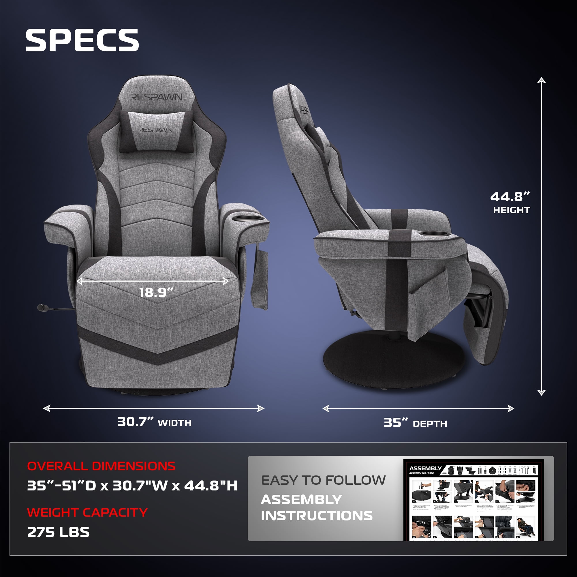 RESPAWN 900 Console Gaming Recliner with Footrest and Lumbar Support - Comfortable Ergonomic Gaming Chair with Headrest, No Wheels, Reclining, Heavy Duty, Racing Style Video Game Chairs - Gray Fabric