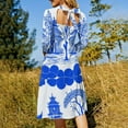 thumbnail image 5 of Blue Willow Chinoiserie Blue And White Women's 3/4 Sleeve Dresses Elegant A-Line Midi Dress Flare Summer Casual Sundress, 5 of 9