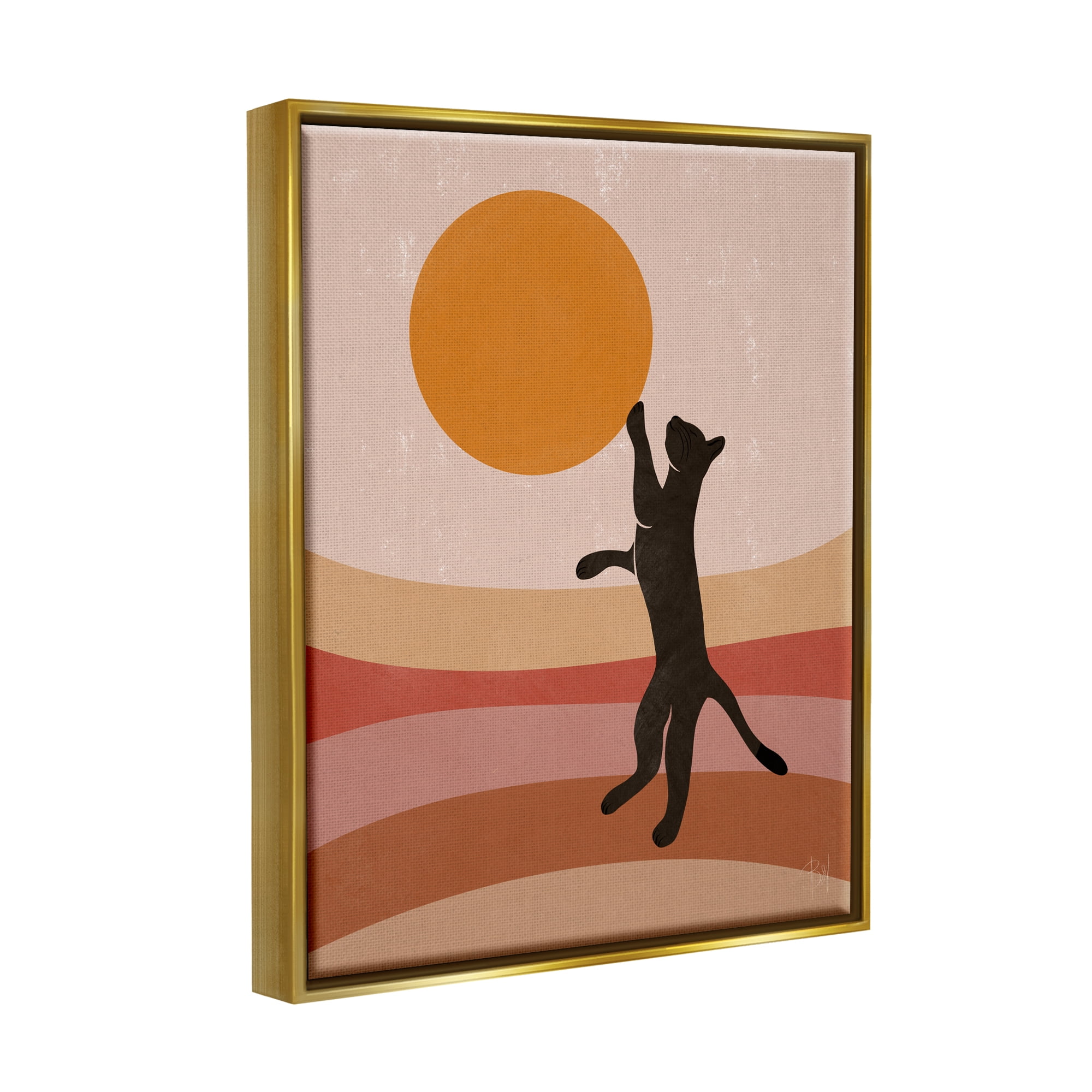 Stupell Industries Black Cat Reaching Stripes Pattern Animals & Insects Painting Gold Floater Framed Art Print Wall Art