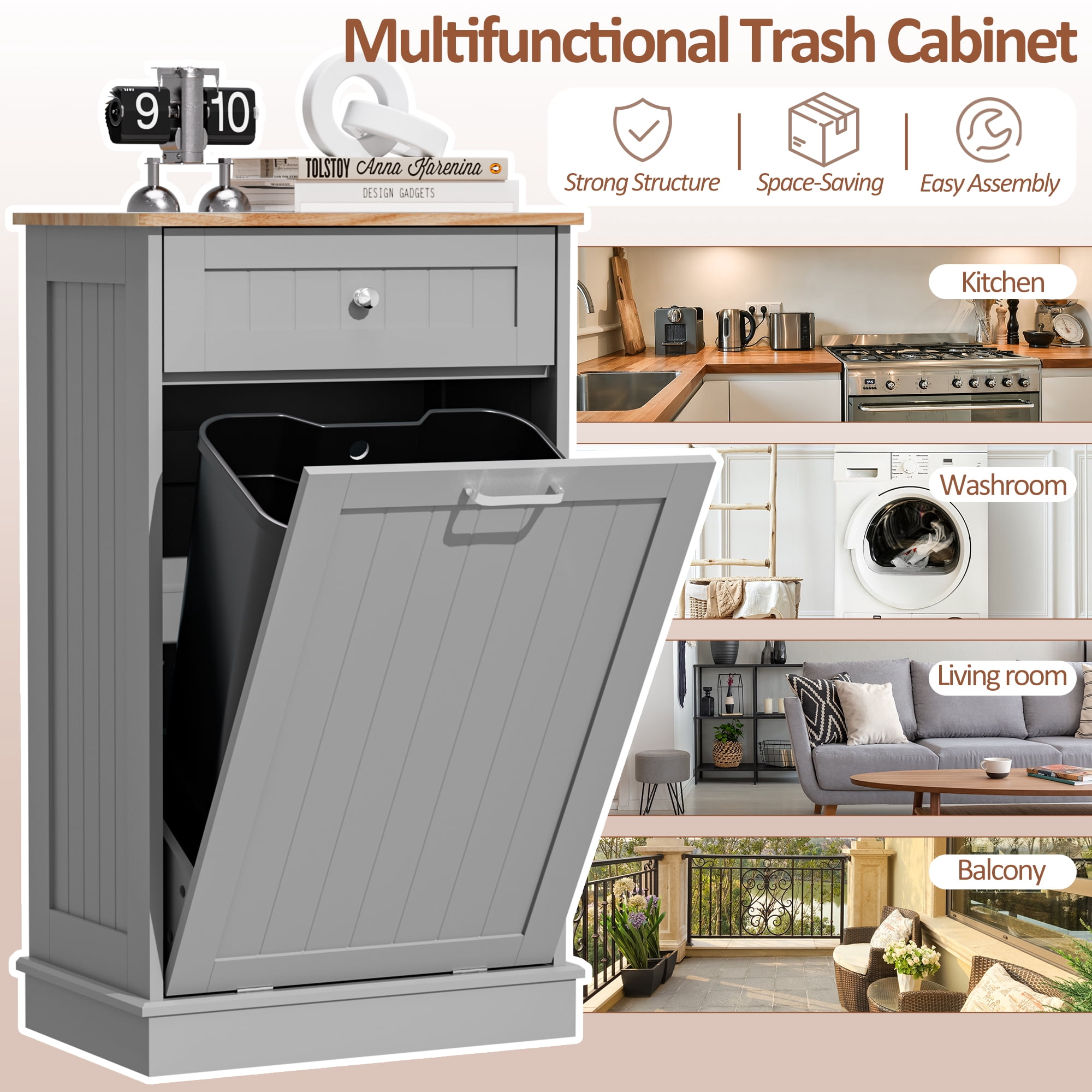 AHB 13 Gallon Single Tilt Out Trash Cabinet with Drawer, Freestanding Kitchen Trash Can Storage Organizer, 20.9"L x 13.55"W x 38.5"H, Gray
