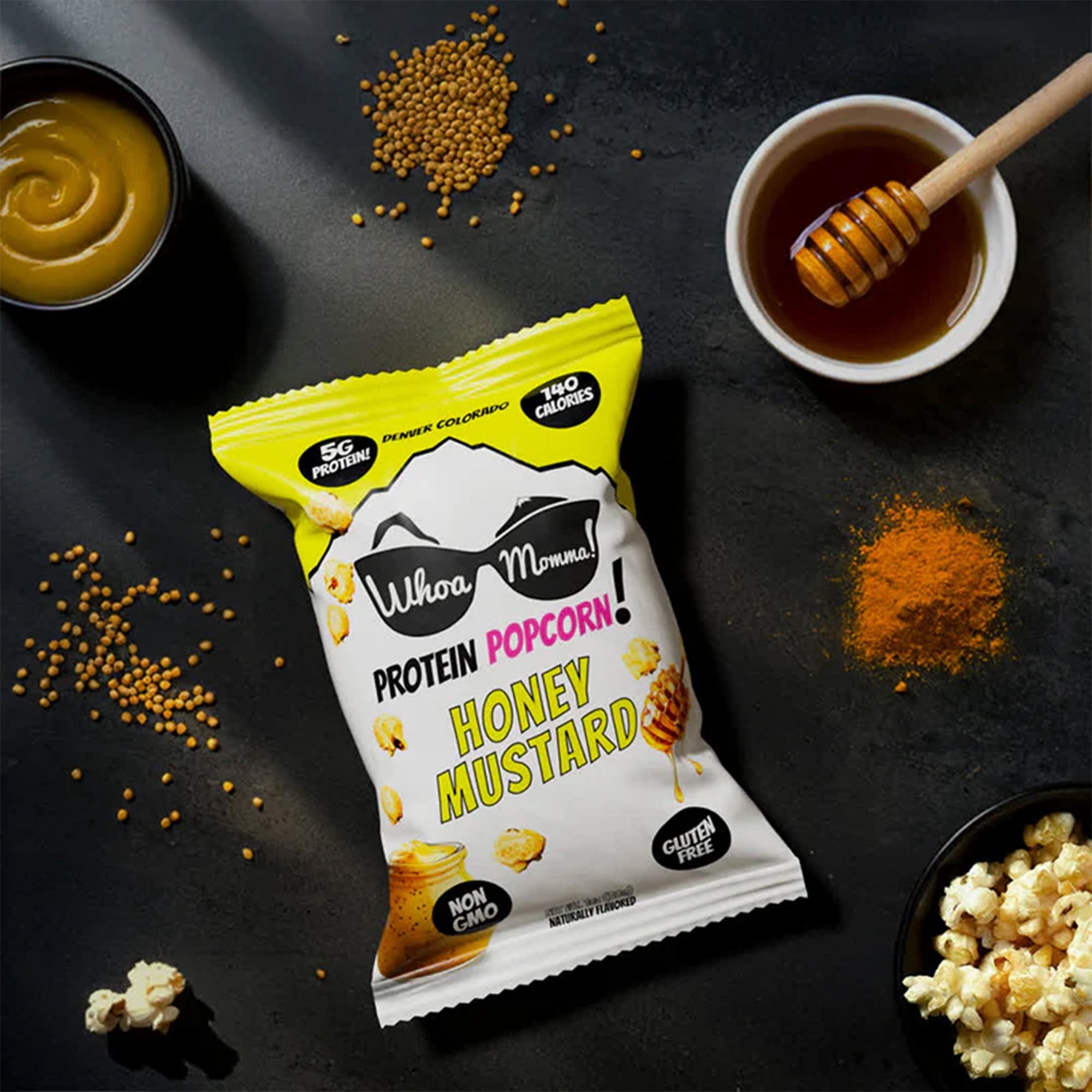 Whoa Momma! Protein Popcorn Honey Mustard, High Protein, Gluten Free Cheese Popcorn, 12-pack of 1oz Bags