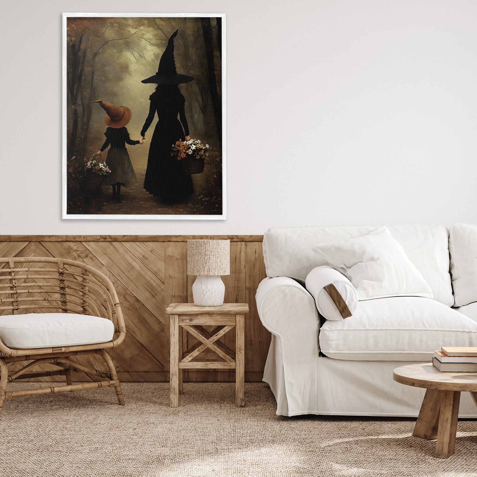 Witch & Daughter Mystical Forest White Framed Giclee Art, design by Arlington Prints