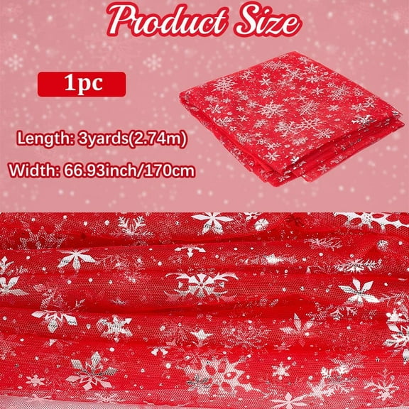 3 Yards x 170cm Snowflake Silver Foil Fabric Red Christmas Snowflake Organza Sheer Fabric Glitter Lace Mesh Tulle for Tutu Skirt Wedding Dress Tablecloth DIY Sewing Crafts Gift Wrapping
