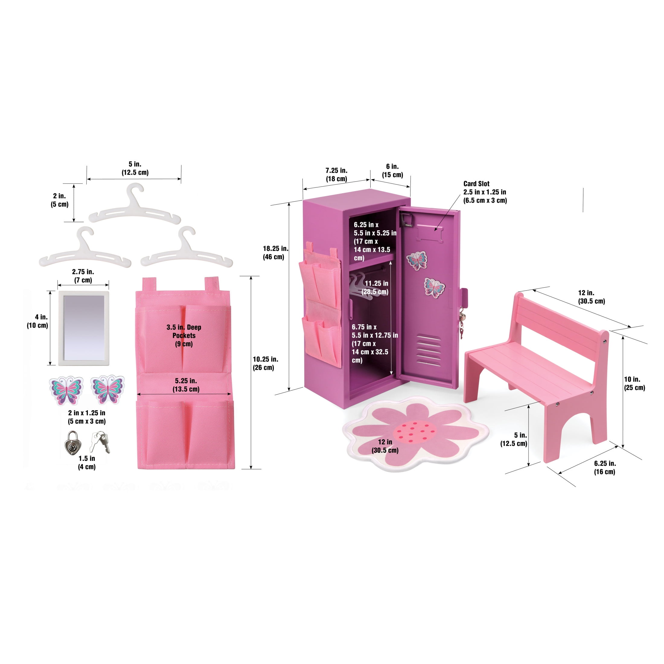 Badger Basket Doll Locker Set with Bench, Rug, and Accessories for 18 inch Dolls - Pink/Purple