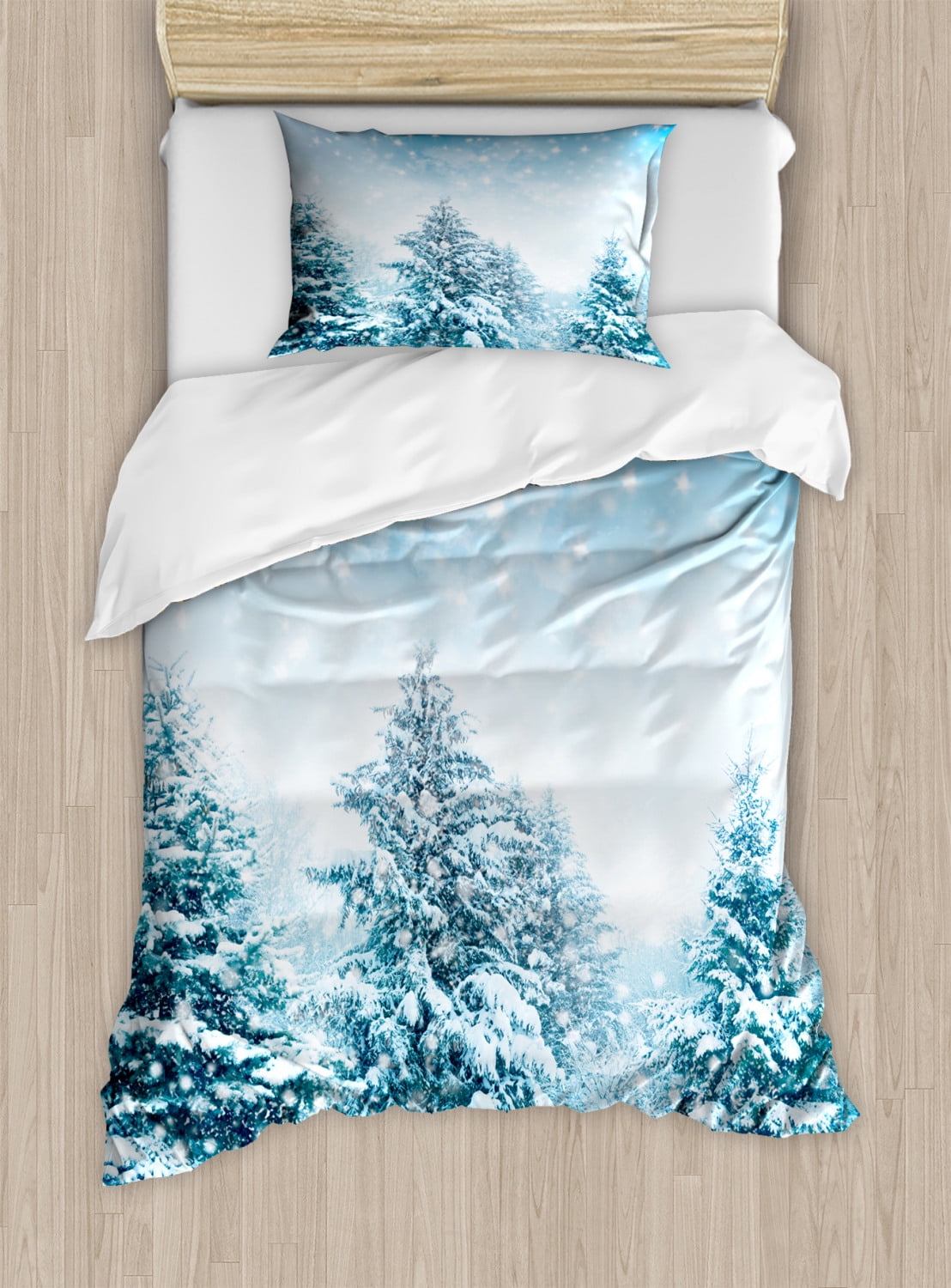 Winter Duvet Cover Set, Snow Covered Fir Trees on Mountainside Blizzard