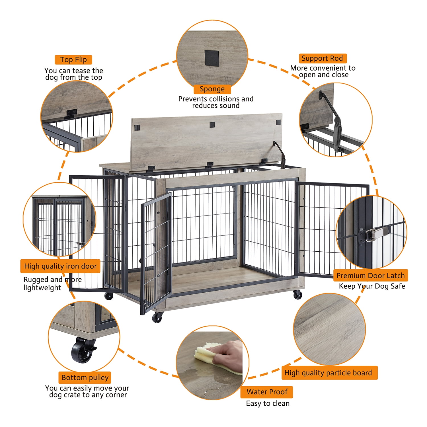 Kadyn 38.58" L Dog Crate Side Table on Wheels with Double Doors and Lift Top, Grey