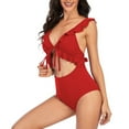 thumbnail image 2 of UTSJKR Women's Ruffle Flounce One Piece Bathing Suit Cutout V Neck Backless Swimwear Tie Front Adjustable Frenum Flounce Bikinis Red M, 2 of 5