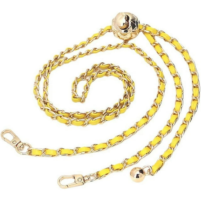 HSHDLDF Thin Purse Chain Strap Crossbody 120cm, Yellow Leather Runs Through Gold Metal Chain, Handbag Chain Strap with Ball Adjustable Replacement for Small Shoulder Crossbody Bag(Gold Chain Yellow