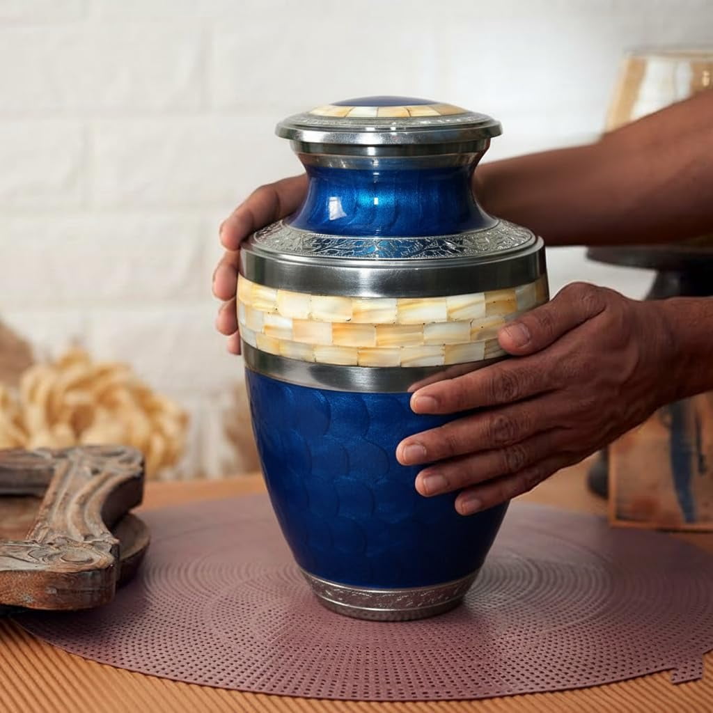Cresta Modern Cremation Urn for Human Ashes - Handmade Large Adult Urns for Ashes - Funeral Urn for Men & Women - Burial Urns for Home - Aluminum Blue