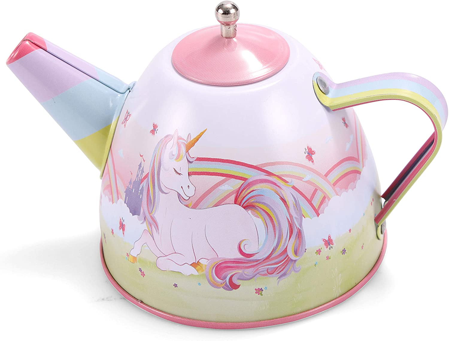 Purple PP PICADOR Tin Tea Party Set for Little Girls Pretend Kitchen Play Princess Age 3 4 5 6 7 8 Unicorn Party Toys Teapot Set with Storage Case and Accessories Plates 