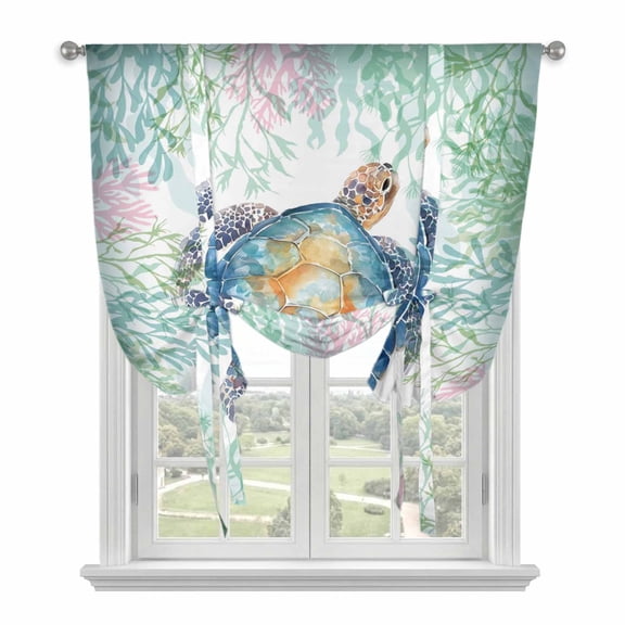 Sea Turtle Coastal Balloon Curtains 63 Inch Length for Living Room/Bedroom, Blue Green Summer Beach Coral Rod Pocket Privacy Door Curtains Decorative Tie Up Shade for Window 52"x63"