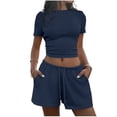 thumbnail image 2 of Bloomae Two Piece Jogger Sets for Women Summer Crew Neck Lounge Short Sets Short Sleeve Crop Tops and Drawstring Elastic Waist Short Pants Vacation Outfits with Pocket Navy XL, 2 of 7