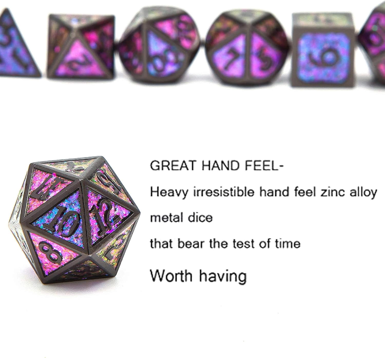The DND Metal Polyhedral Dice Set, a 7-piece set, is perfect for Dungeons and Dragons role-playing board games and makes a wonderful holiday party gift and decoration.