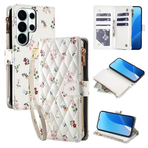 Wallet Case For Samsung Galaxy S26 Ultra 5G 6.9-inch, Flower Pattern Flip Zipper Purse Leather Cover With Card Holder, Detachable Wristlet & Shoulder Strap, Shockproof ,Kickstand Phone Case For Women