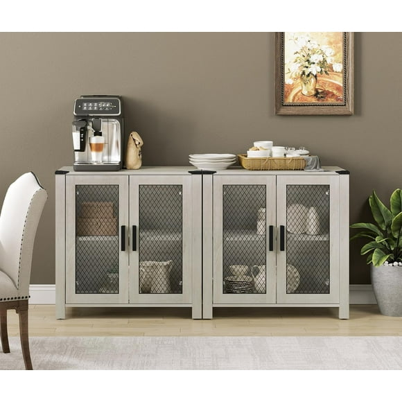 WAMAPT Wooden Sideboard Buffet Cabinet, 4 Mesh Doors & Adjustable Shelves, Multi-Room Storage for Kitchen, Dining, Living & Bedroom, Antique White