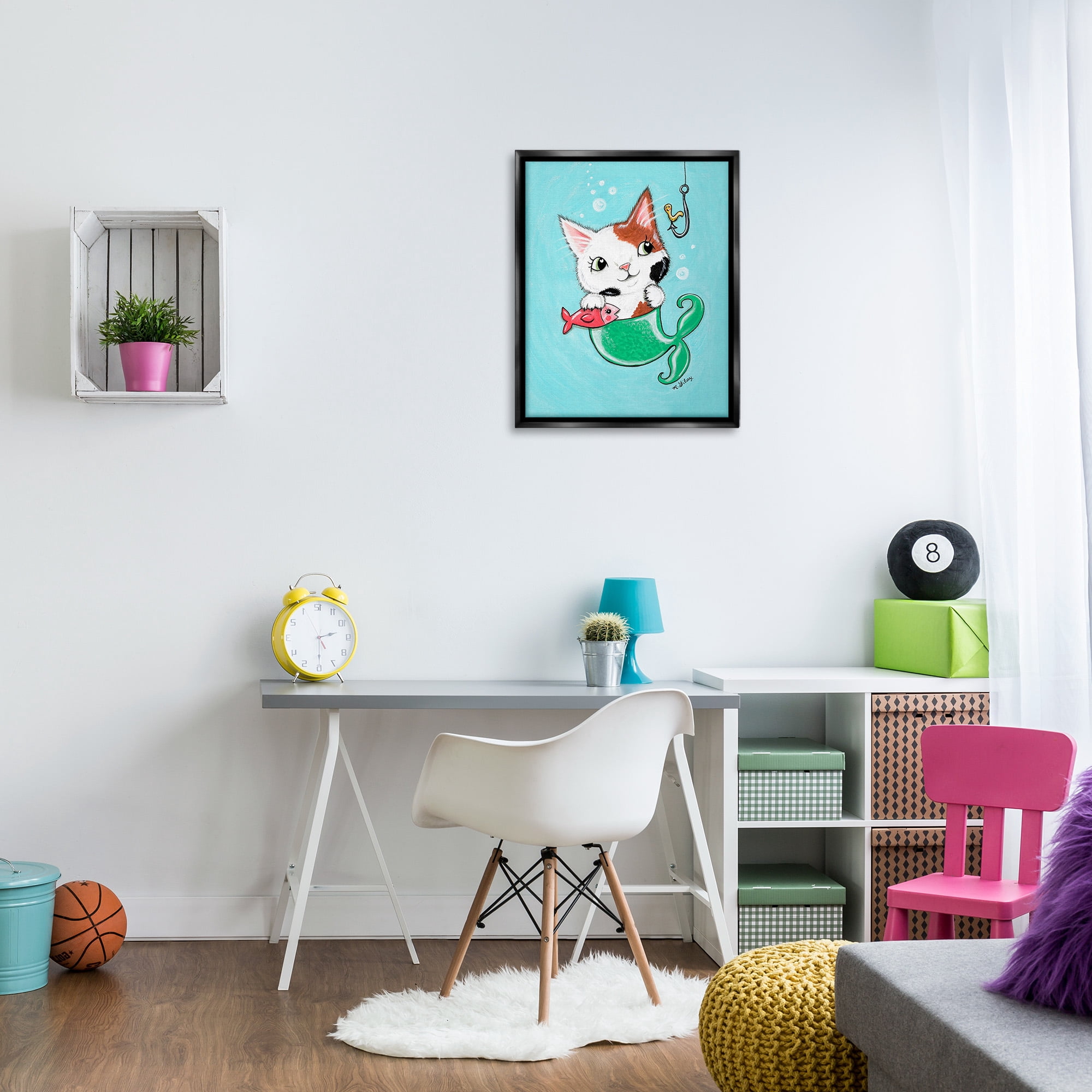 Stupell Industries Mermaid Cat with Fish Animals & Insects Painting Black Floater Framed Canvas Art Print Wall Art, 25 x 31