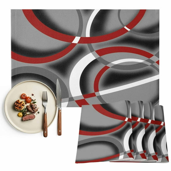Placemats Set of 4, Red Grey Geometric Circle Place Mats Modern Abstract Lines Tablemats Washable Placemat Table Decoration for Kitchen Table Dinner Party Home Decor Indoor Outdoor 13x19 Inch