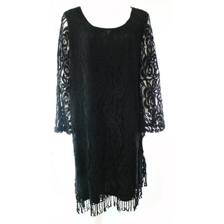 ING NEW Black Women's Size 3X Plus Floral Lace Fringed Illusion Shift Dress