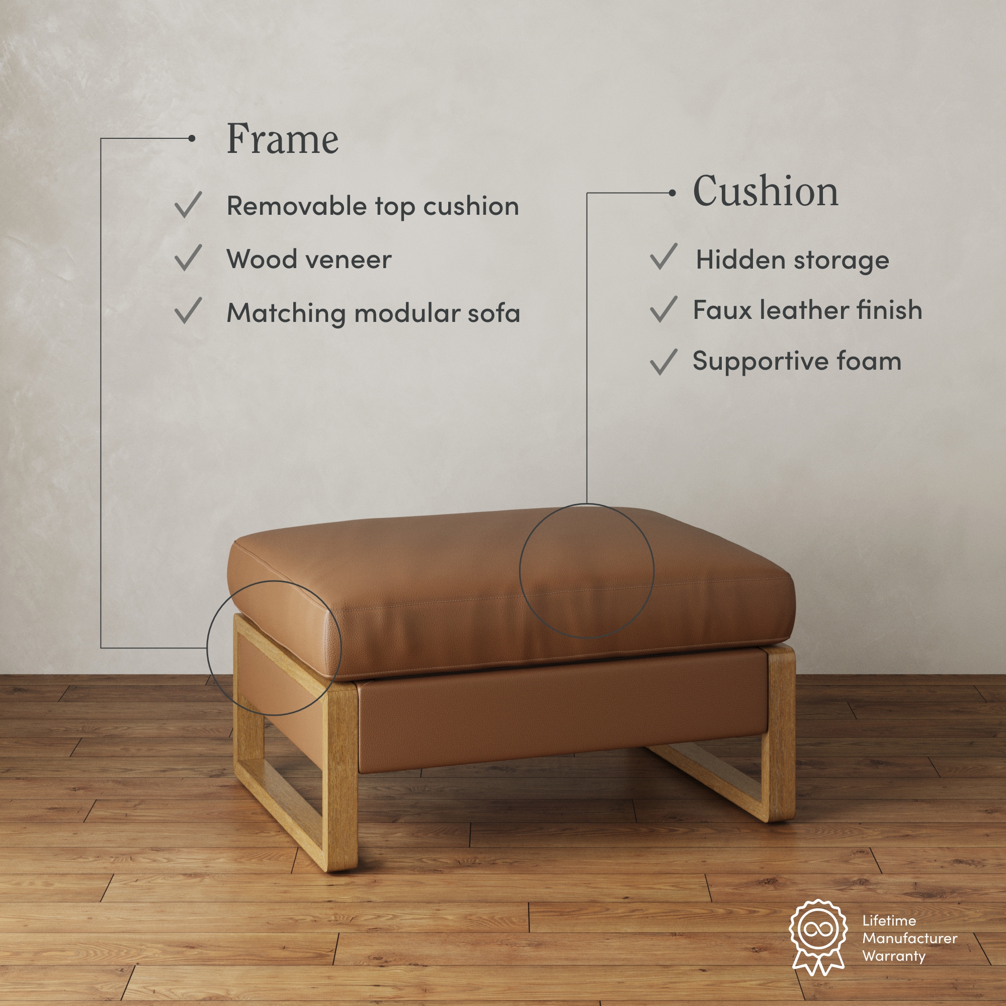 Nathan James Madison Modern Faux Leather Ottoman with Storage, Upholstered Ottoman with Solid Wood Legs, Bisque/White Oak