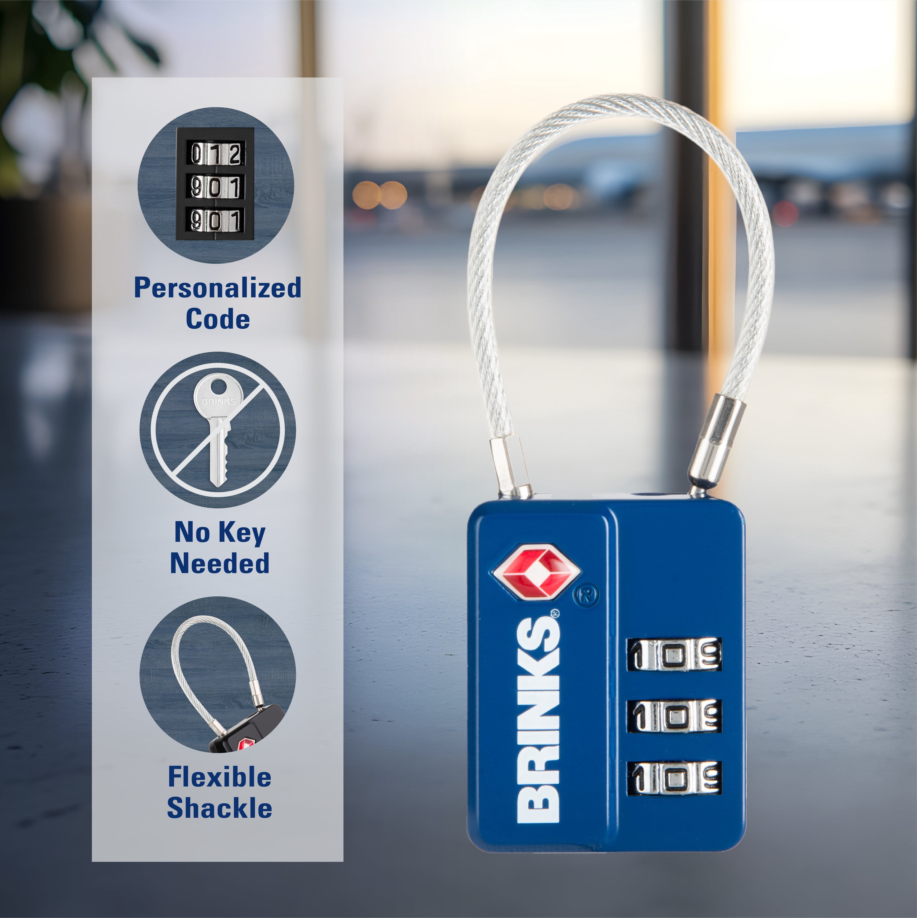 Brinks 3-Dial Combination TSA Luggage Padlock with 1-7/10in Steel Cable Shackle, 2-Pack