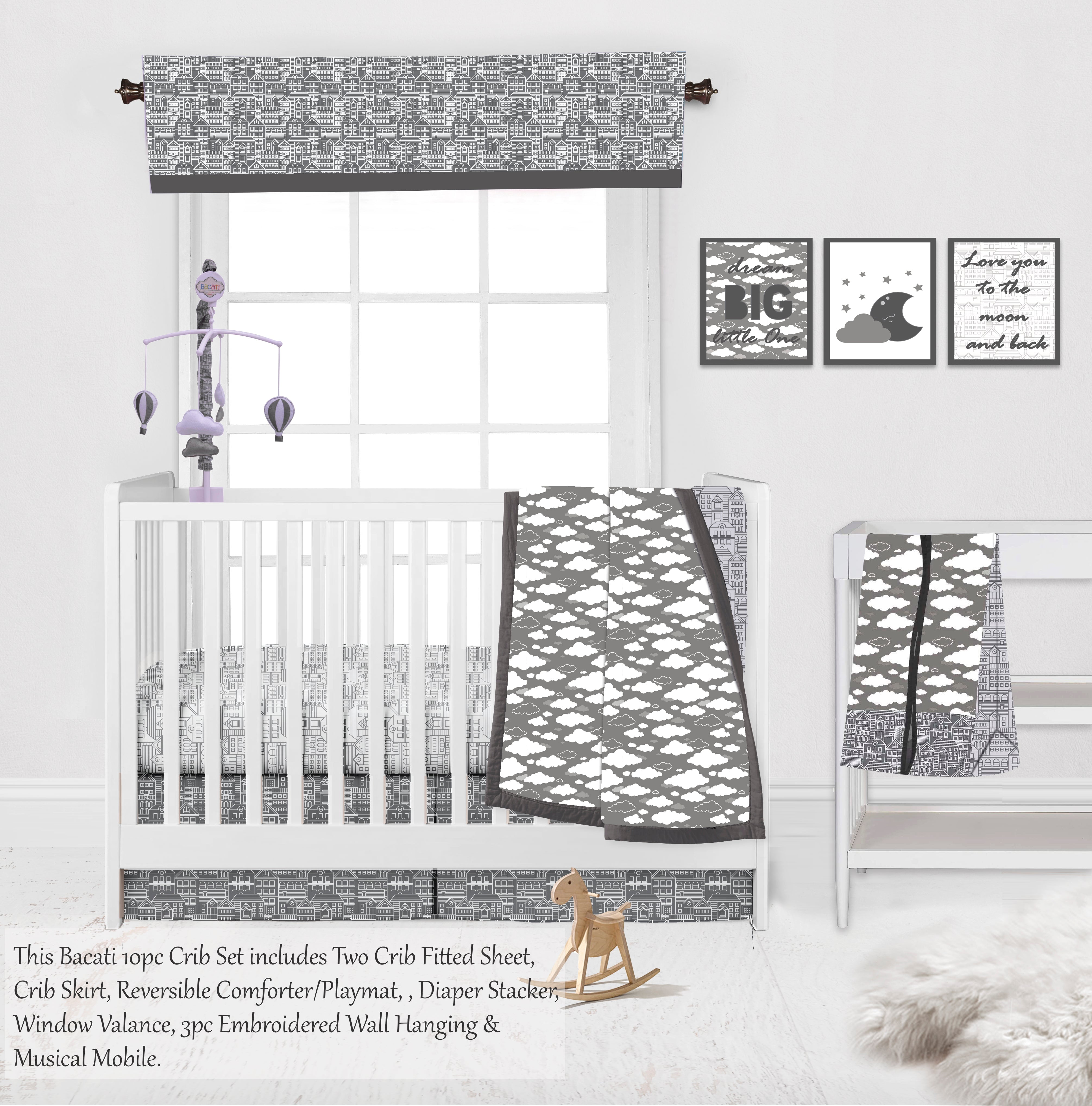 Bacati - Clouds in the City 10-Piece Crib Bedding Set with Two Crib Sheets - White/Grey Unisex