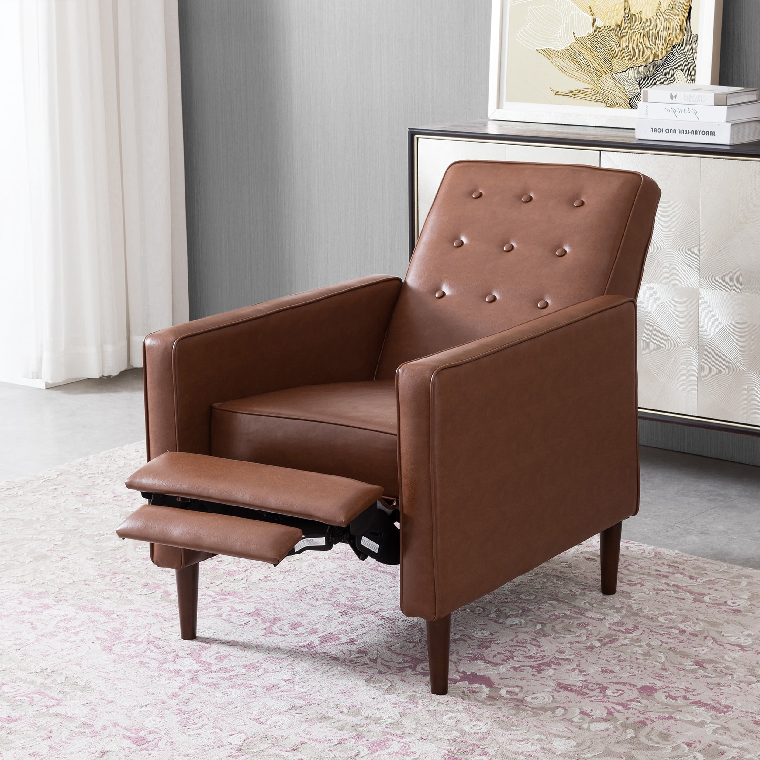 Euroco Modern Fabric Recliner Chair with Espresso Wood Legs, Adjustable Backrest & Plush Upholstery, Space-Saving Design