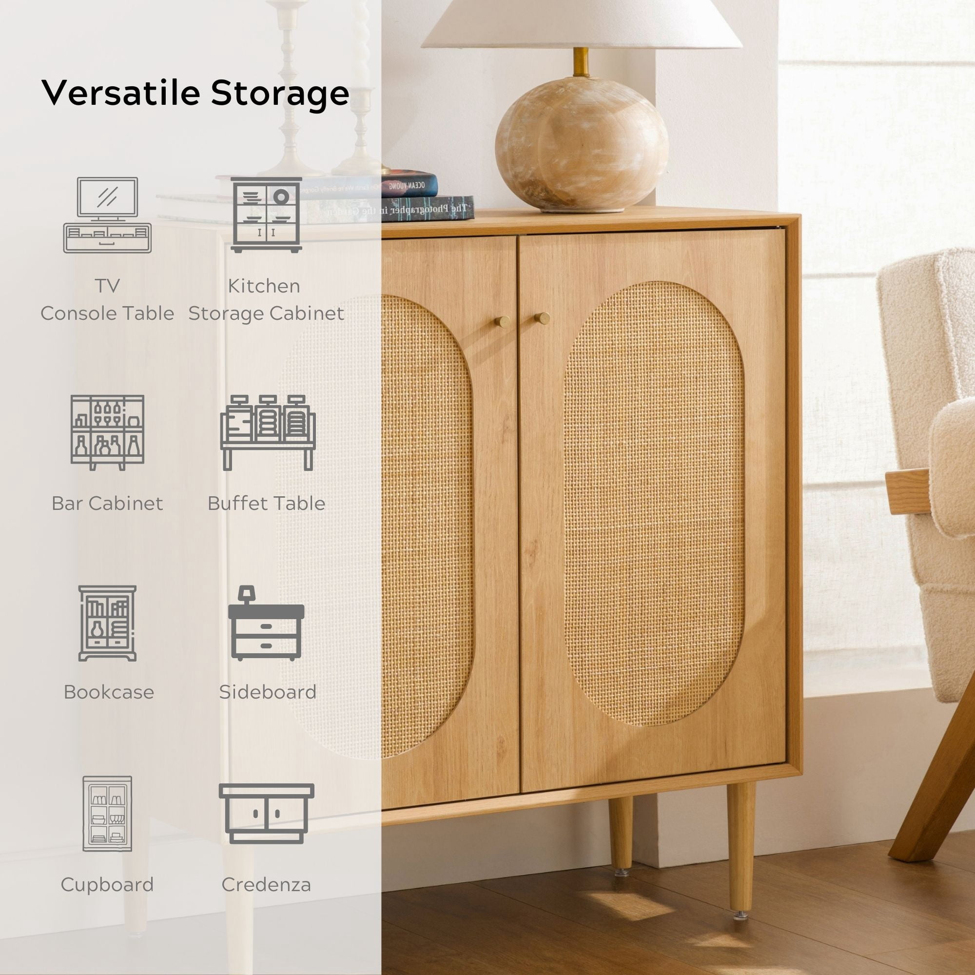 EYYTHUNG Farmhouse Accent Cabinet Set of 2 with Adjustable Shelves, Rattan Sideboard Storage Cupboard, Natural Oak
