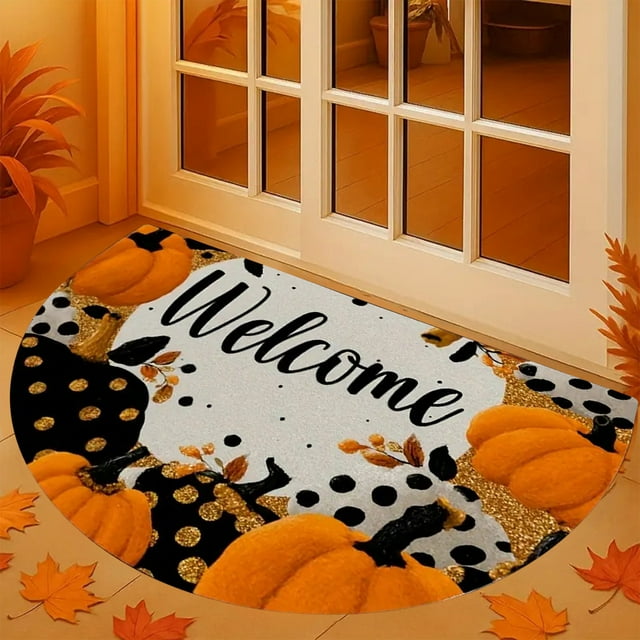 BAOPAI Tapis de Sol Demi-Rond en Velours Citrouille Antidérapant pour Entrée Décoration Maison Automne Action de Grâce Récolte