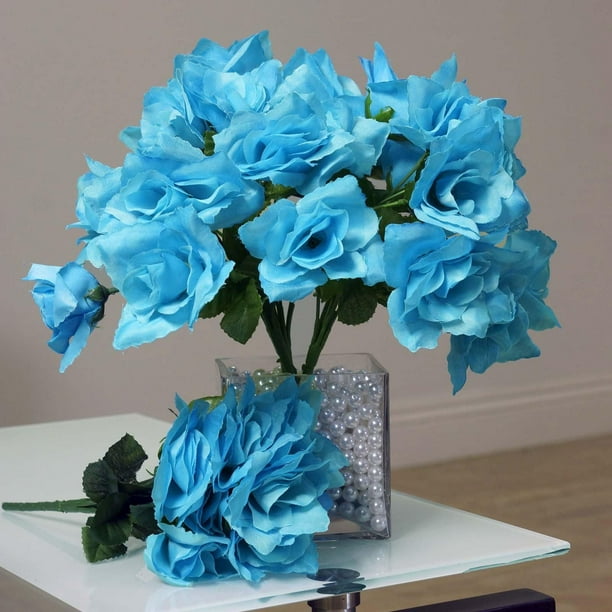 12 Bushes 84 pcs Turquoise Artificial Silk Rose Flowers With Green ...