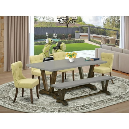 

Maykoosh Southwestern Style 6-Piece Kitchen Dining Table Set-Limelight Linen Fabric Seat & Parson Dining Chairs-Wooden Dining Bench & Top Wood Kitchen Table- Cement &
