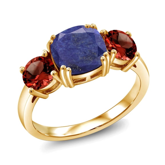 Gem Stone King 18K Yellow Gold Plated Silver Blue Lapis and Red Garnet 3 Stone Engagement Ring for Women (4.00 Cttw, Gemstone, Cushion 8MM, Size 7)