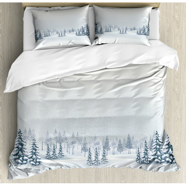 Winter Duvet Cover Set, Winter Scene in a Park with Trees Foggy Misty Blurry Ice Cold Freezing