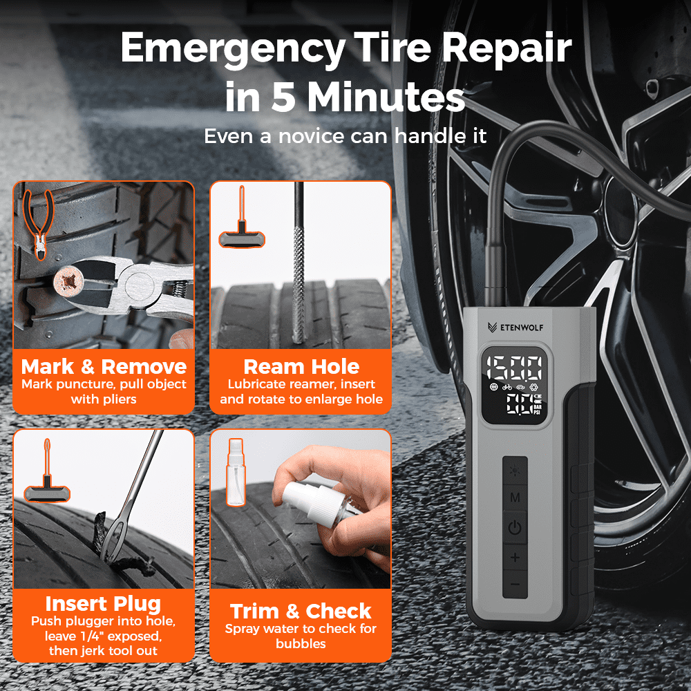 ETENWOLF Tire Inflator Portable Air Compressor with Tire Repair Kit,1 Min Fast Inflation  with Digital Pressure Gauge,for Car,Bicycle,Motorcycle,Ball