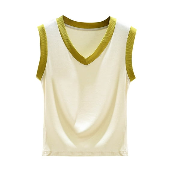 Annhoo Womens Tank Tops Spring Summer V Neck Ribbed Knit Block Color Sleeveless Shirts Comfortable Clothes