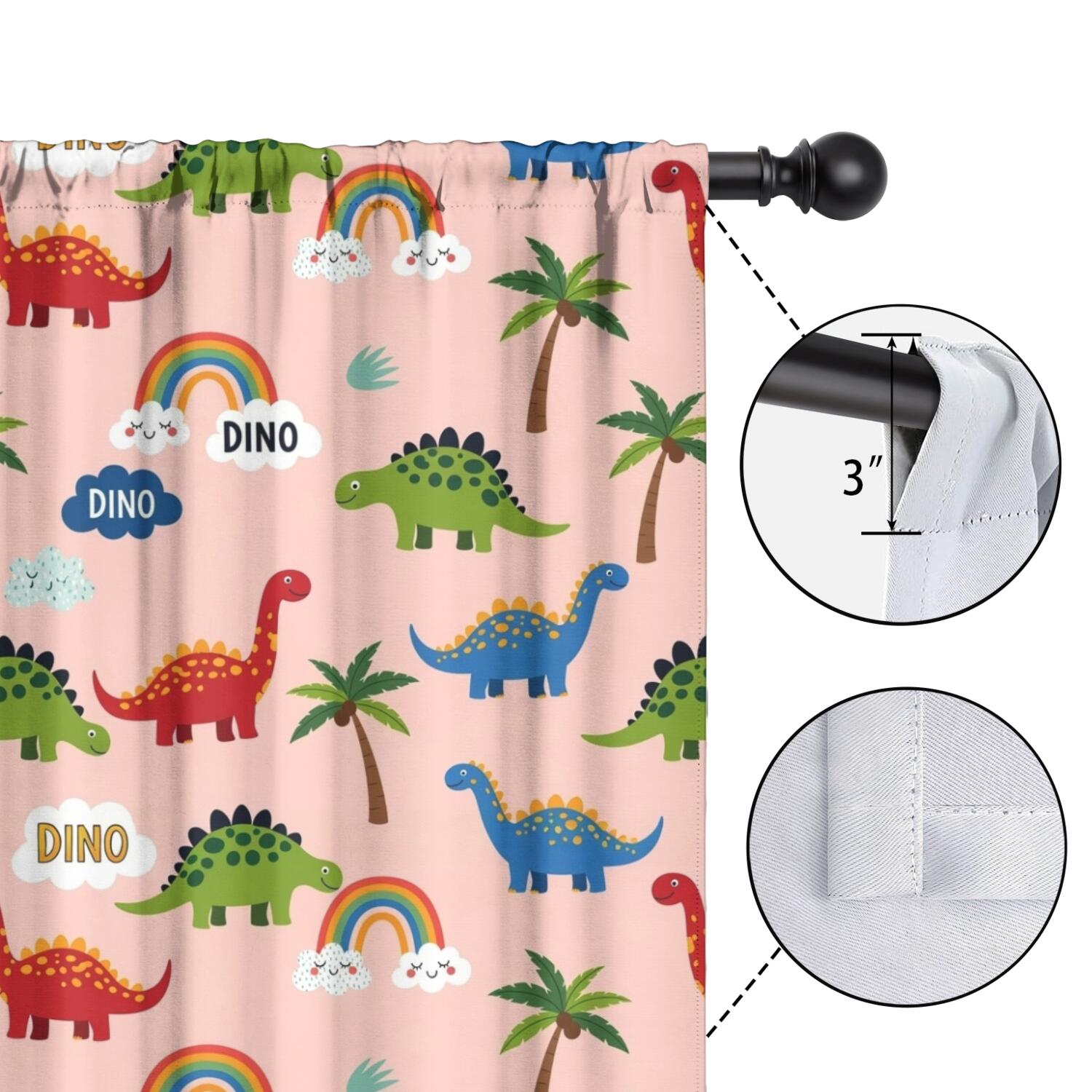 Blackout Kids Curtains,Pink Dinosaur and Rainbow Pattern Childrens Insulated Curtains Set Of 2,Bedroom Essentials,Toddler Room Decor 42"x54"
