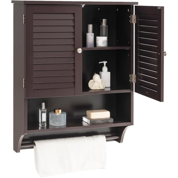 ZYPPP Wall Mounted Bathroom Cabinet with 2 Louvered Doors, 3-Position Adjustable Shelf, Towel Bar, Over The Toilet Space Saver, Above Toilet Hanging Medicine Cabinet (Espresso)