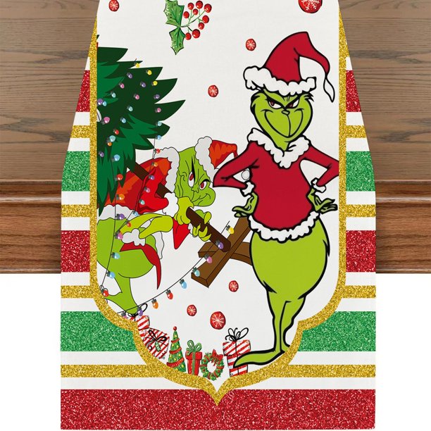 Bandera navideña para jardín, camino de mesa navideño de lino verde, mantel alegre, decoraciones navideñas para la mesa, Grinch