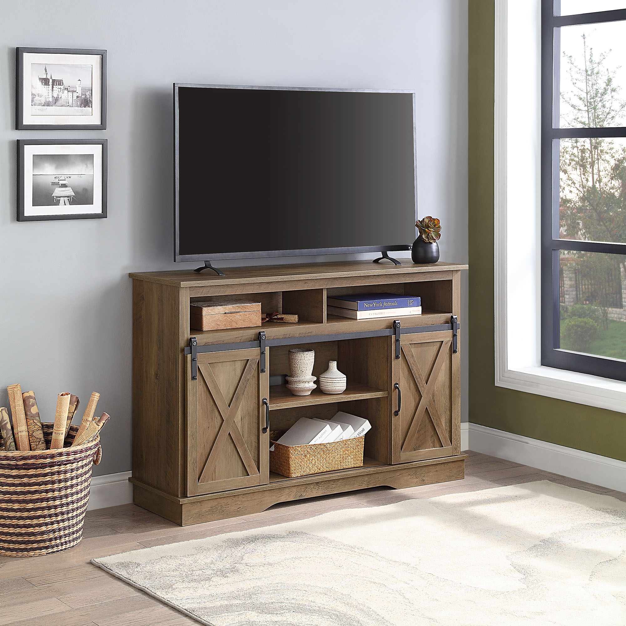 BELLEZE Parker 52" TV Stand Sliding Barn Door Console For TV's Up to 60