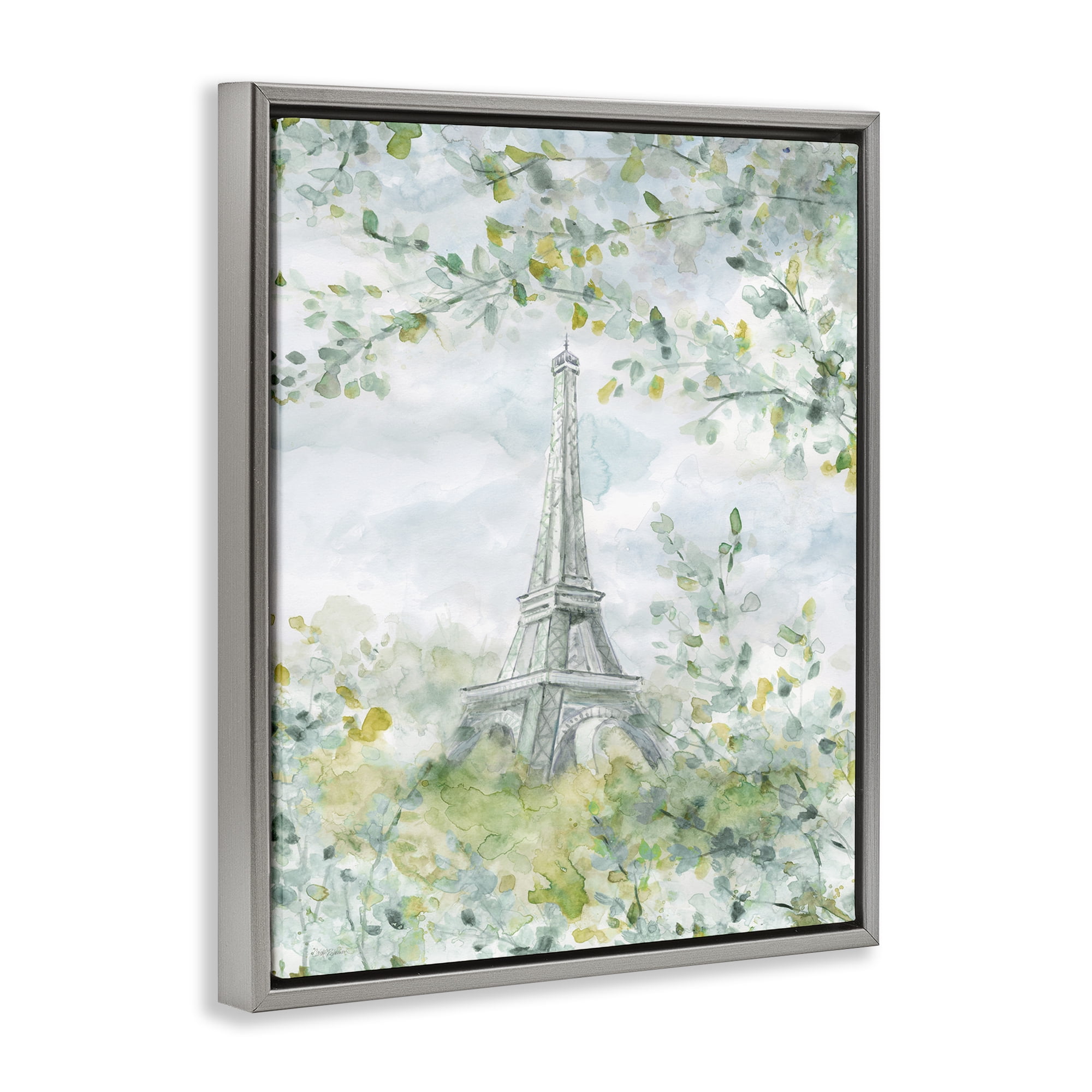 Stupell Industries Eiffel Tower Through Branches Plants & Flowers Painting Gray Floater Framed Canvas Art Print Wall Art, 25 x 31