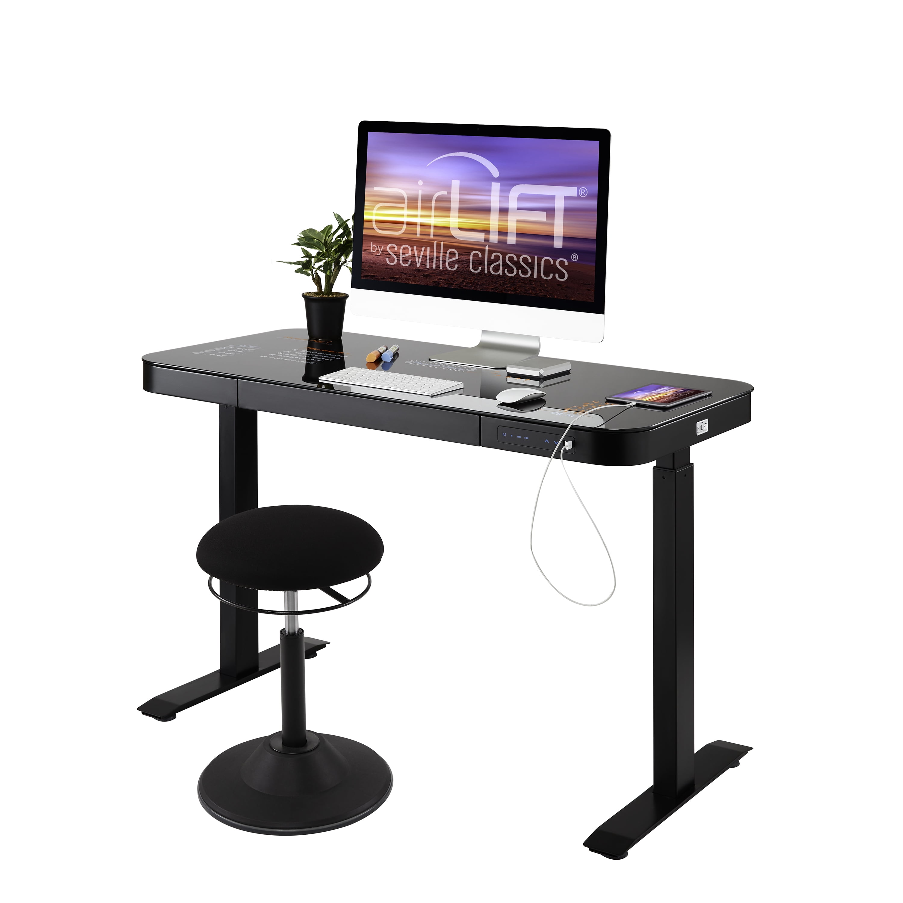 Seville Classics AIRLIFT Tempered Glass Electric Standing Desk Dual 2.4A USB Charging Port and 3 Memory Buttons Height Display Max. Height 47
