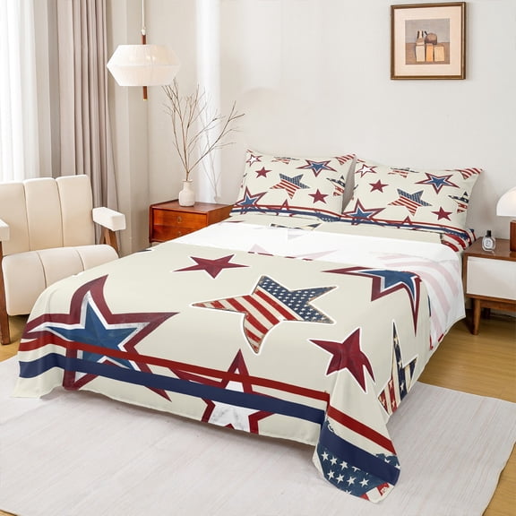 Feelyou Stripes Stars Flag Twin Sheet Sets, Fourth of July Twin Fitted Sheet, Teens Kids Boys Girls Flat Sheet, Ultra Soft Bedroom Decor, 3-Piece