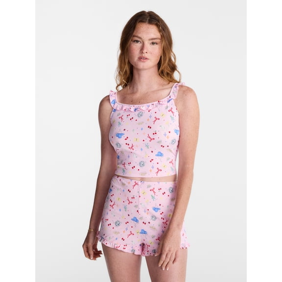 No Boundaries Ruffle Tank Top and Shorts Sleep Set, 2-Piece, Women's XS-XXL