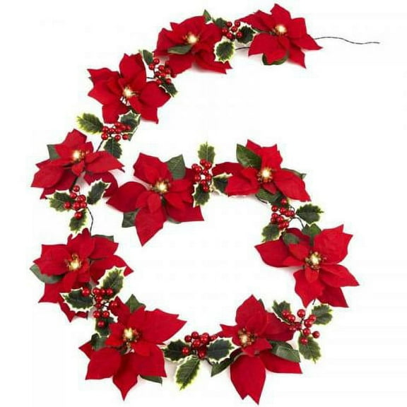 6.5 ft Christmas Poinsettia Garland String Light Artificial Poinsettia String Light 10 Led Velvet Flower String Light Christmas Tree Garland Decor, Battery Operated with Red Berries and Holly Leaves