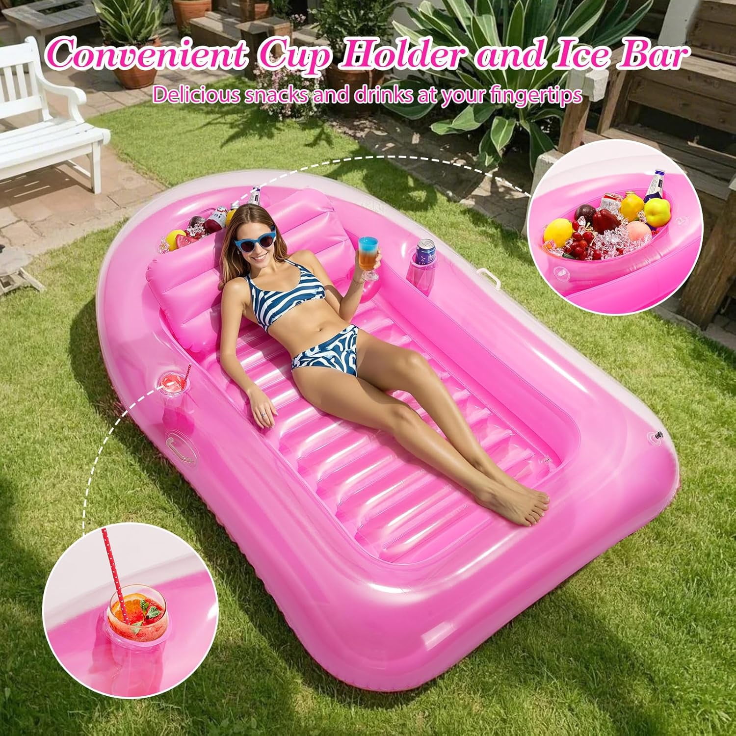Pool Floats Adult, Large Floating Bed with Ice Bar, Tanning Bed Pool Raft Inflatable Lounger with Drink Holder Tanning Chair Inflatable Pool Toys for Party Beach Backyard